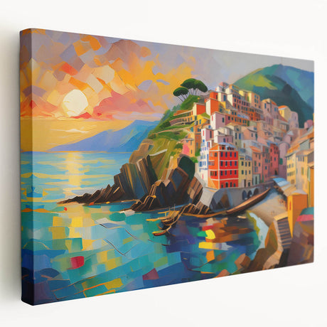 Large stretched canvas depicting a colorful Cinque Terre landscape, ideal for kitchen wall art.