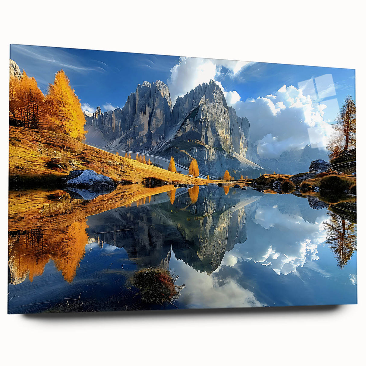 Acrylic glass print of the Dolomites in muted earth tones, ideal for bedroom or dining room decor.