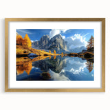 Abstract art print of the Dolomites in Italy, featuring muted earth tones on a framed gold mat, ideal for dining room decor.