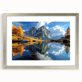 Extra large abstract art print of the Dolomites in muted earth tones, framed in silver, ideal for living room decor.