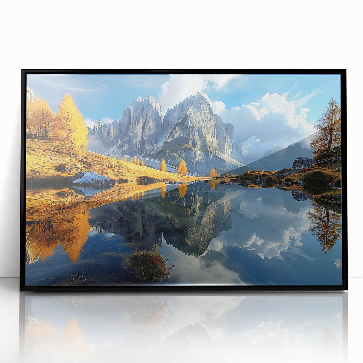 Large abstract wall art depicting the Dolomites in Italy, framed in black acrylic, ideal for modern art wall decor.