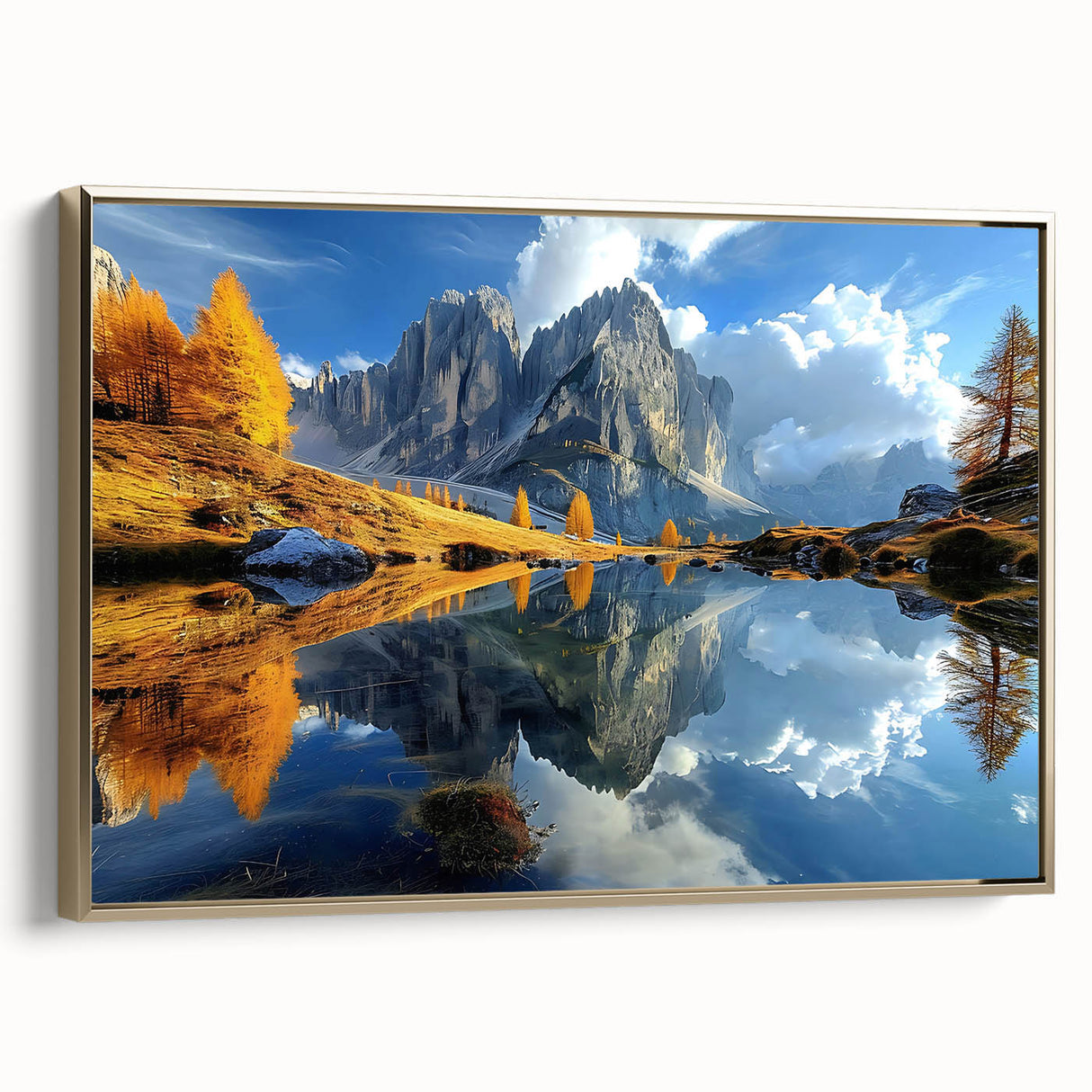 Framed canvas of a vintage-style Dolomites landscape in muted earth tones, ideal for bedroom wall art.