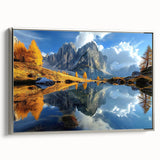 Landscape art painting of the Dolomites in Italy, featuring muted earth tones on a framed canvas, ideal for a living room.