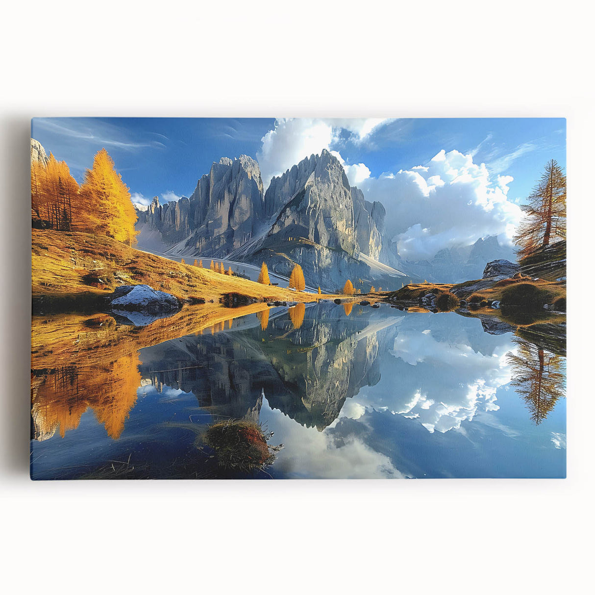 Black and white photograph of the Dolomites on stretched canvas, suitable as large kitchen wall art.