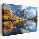 Landscape of the Dolomites in Italy depicted in muted earth tones on a large stretched canvas, suitable for kitchen wall art.