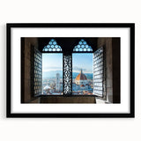Extra large abstract art print of Florence scenery in vibrant, textured colors on a black framed canvas.