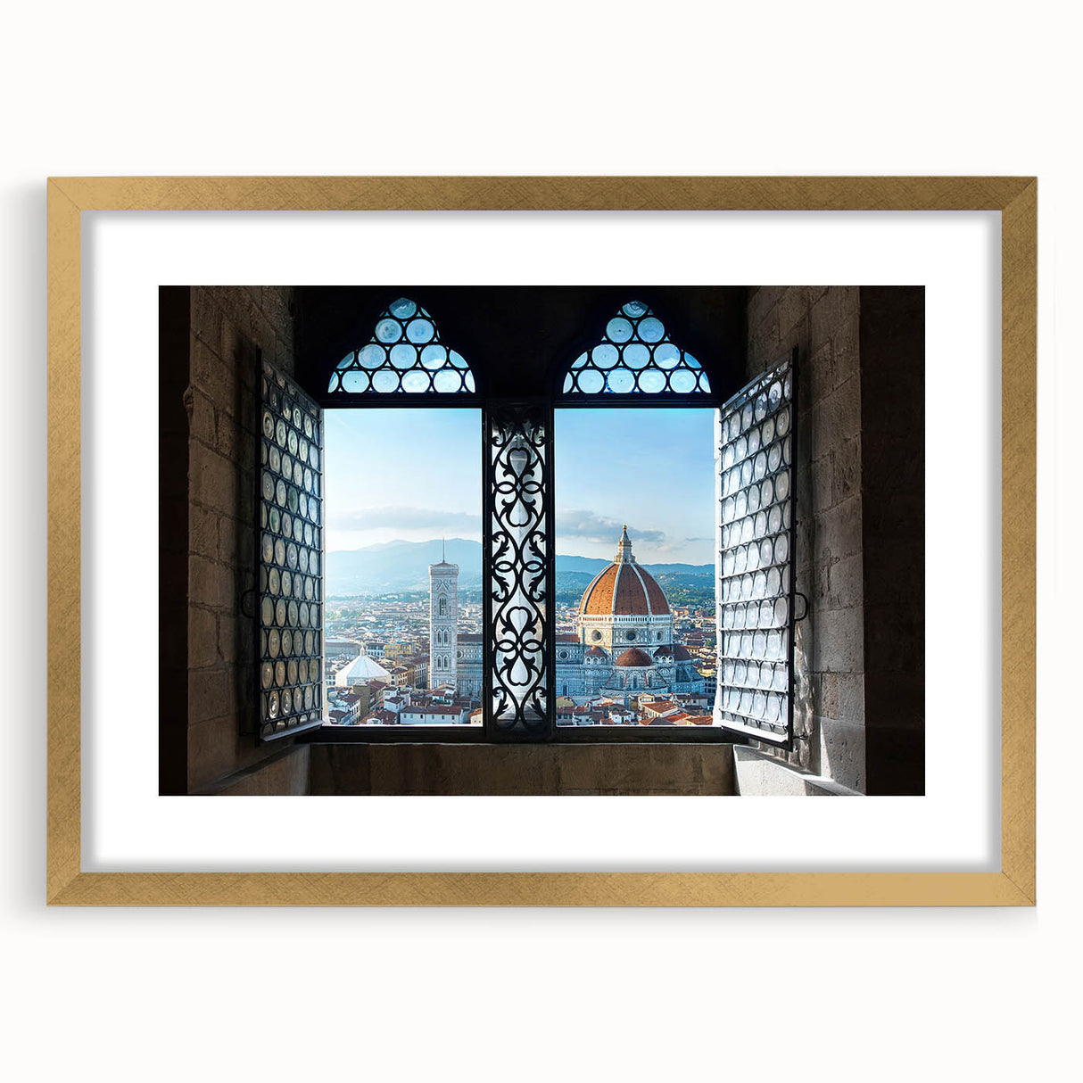 Abstract art print of Florence skyline in muted gold and beige tones on a framed canvas, suitable for dining room decor.