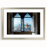 Extra large wall art of an abstract Florence cityscape, in muted earth tones, framed in silver, ideal for living room decor.