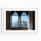 Textured art print of Florence skyline in muted earth tones on a framed white mat, ideal for bedroom art.