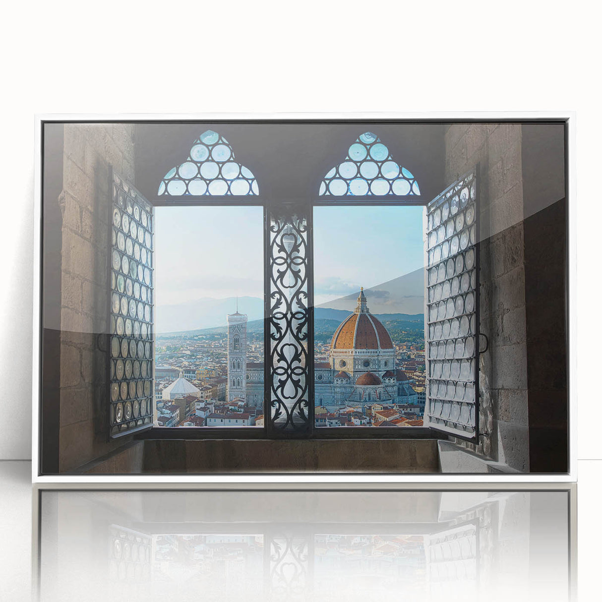 Mid-century modernist art of Florence skyline in muted earth tones on white framed acrylic, suitable for nursery wall decor.