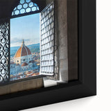 Extra large framed canvas of Florence scenery with textured, colorful art on a black background.
