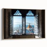 Framed canvas featuring a vintage-style landscape painting of Florence, Italy in muted gold and black tones.