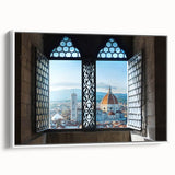 Vintage poster art of Florence scenery on extra large framed canvas, featuring colorful art with black accents.