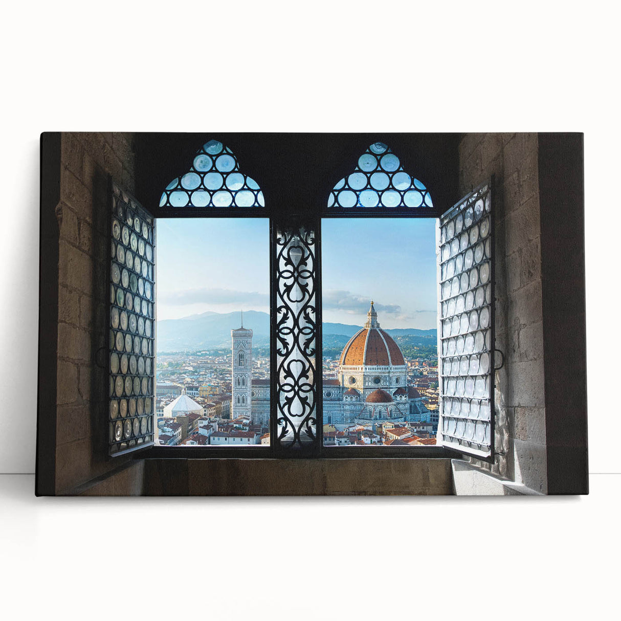 Black and white large art print of Florence scenery on stretched canvas, ideal for kitchen wall art.