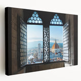 Panoramic view of Florence skyline on large stretched canvas, featuring earthy tones, ideal for kitchen wall art.