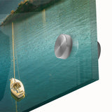 Mid-century modernist acrylic print of Lake Como with vibrant blue and green hues, ideal for dining room art.