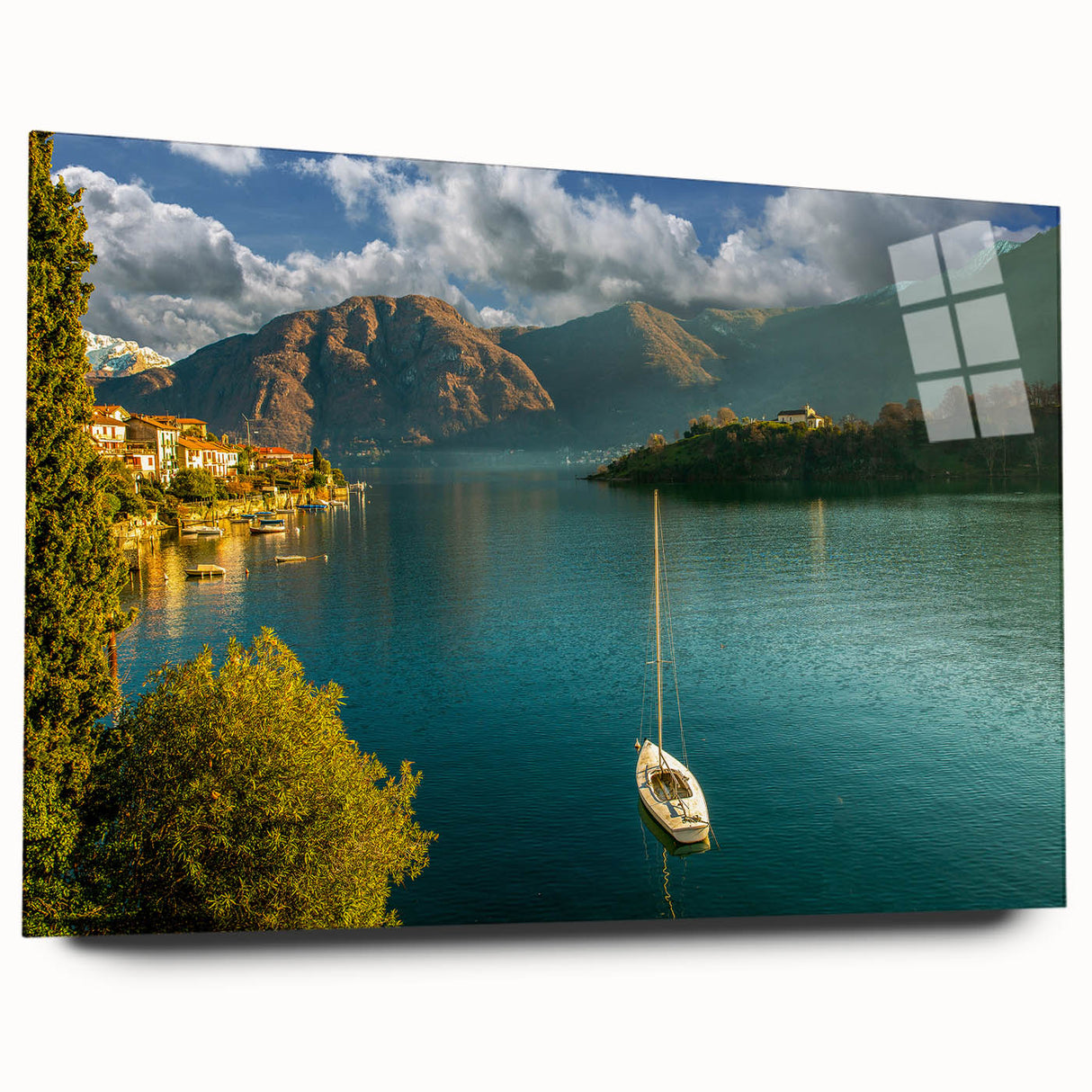 Acrylic print of Lake Como with vivid blue and green tones, ideal for bedroom or dining room art.