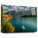 Acrylic print of Lake Como with vivid blue and green tones, ideal for bedroom or dining room art.