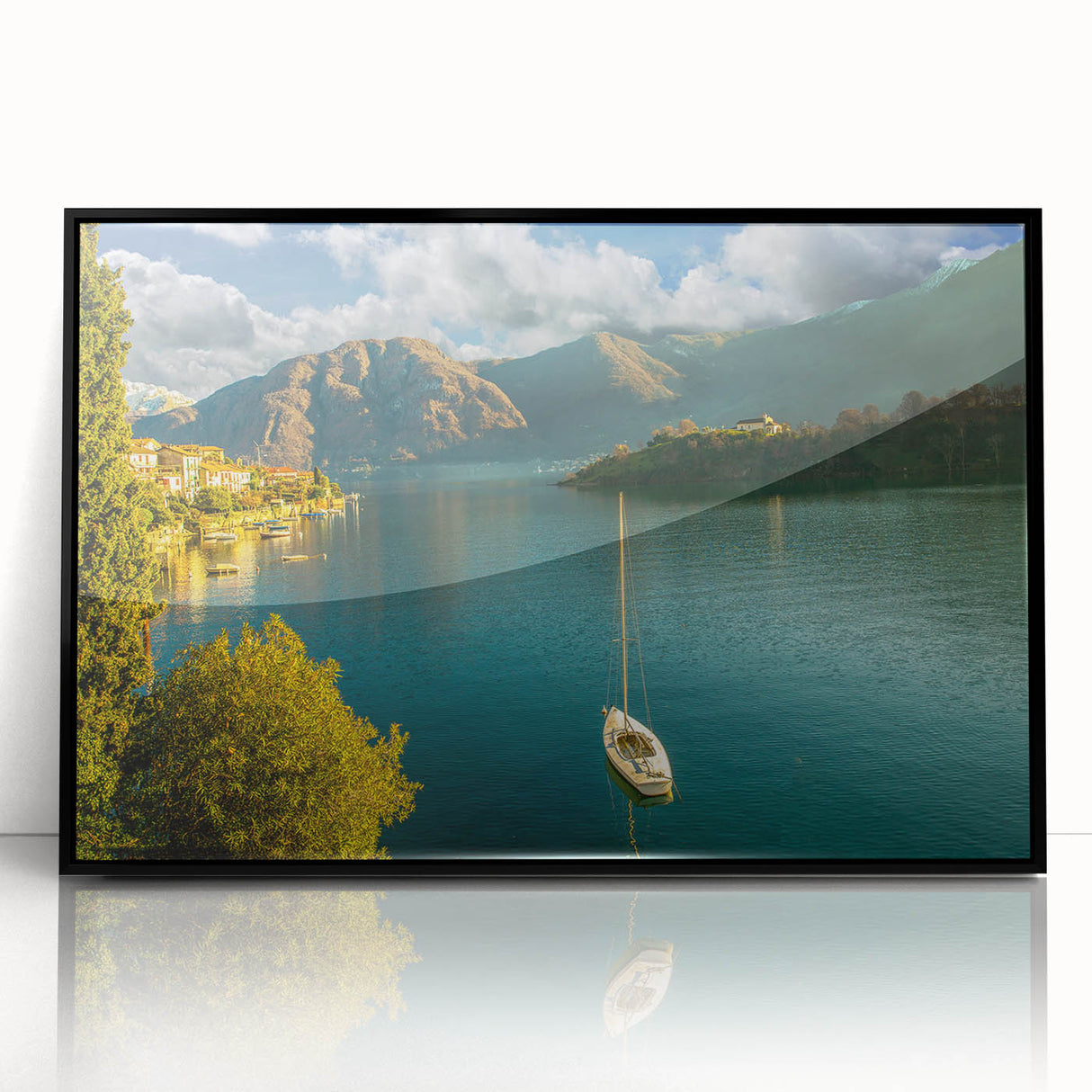 Large abstract wall art of Lake Como with muted earth tones on a framed acrylic, ideal for modern living room decor.