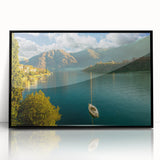 Large abstract wall art of Lake Como with muted earth tones on a framed acrylic, ideal for modern living room decor.