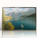 Art deco poster of Lake Como with pastel shades on framed acrylic, ideal for modern nursery wall art.