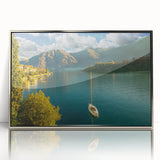 Mid-century modernist style large art print of Lake Como, featuring muted earth tones on a framed acrylic.