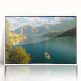 Mid-century modernist art depicting Lake Como with muted blue and green tones, framed acrylic.