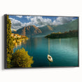 Black and white vintage poster art of Lake Como on framed canvas, ideal for bedroom wall decor.