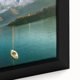 Extra large framed canvas of Lake Como with textured black and colorful art, ideal for living room decor.