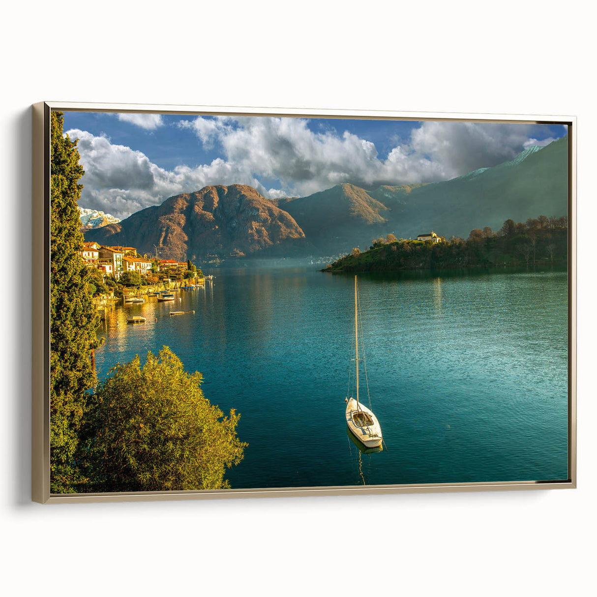 Framed canvas depicting Lake Como with vintage poster art style, in muted gold and black tones, ideal for bedroom wall decor.