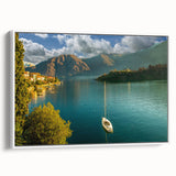 Vintage poster art of Lake Como with colorful scenery on a framed canvas, ideal for living room decor.