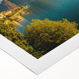 Art Deco poster of Lake Como with muted blue and green tones on rolled canvas, suitable for dining room decor.