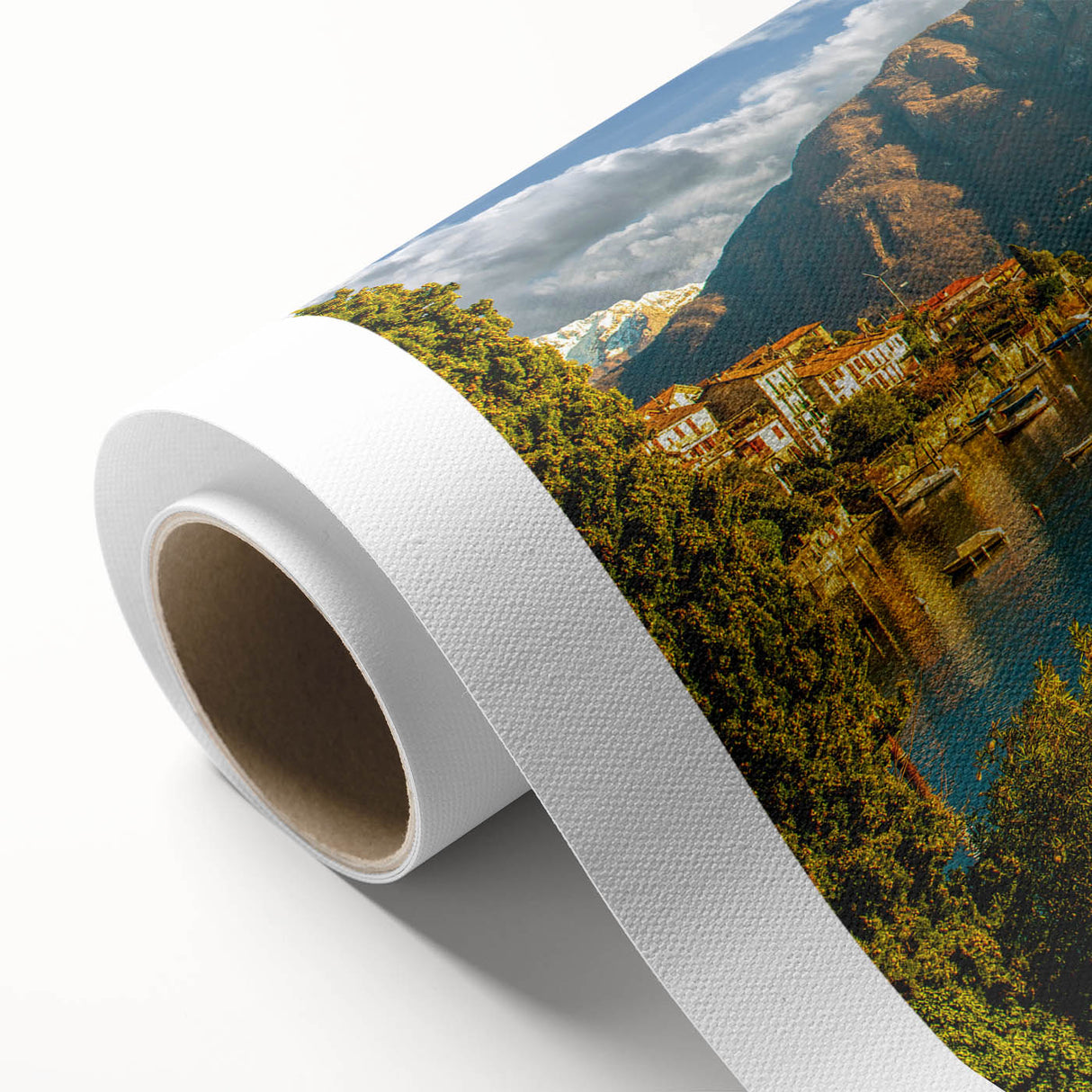 Art Deco poster of Lake Como with muted blue and green tones on rolled canvas, ideal for nursery wall art.