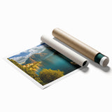 Extra large rolled print depicting Lake Como with floral foreground in muted watercolor tones.
