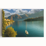 Black and white photograph of Lake Como on stretched canvas, ideal for kitchen wall art or bedroom ambiance.