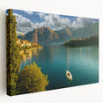 Large art print of Lake Como with muted earth tones on stretched canvas, ideal for kitchen wall art.