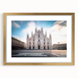 Abstract art print of Milan scenery in muted earth tones, framed with a gold mat, suitable for dining room decor.
