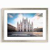 Extra large abstract art print of Milan scenery in textured silver frame, ideal for living room decor.