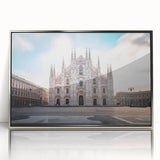 Large art print of Milan scenery, in muted earth tones on silver-framed acrylic, ideal for modern art wall decor.