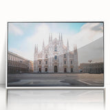 Mid-century modernist art depicting Milan scenery in muted earth tones on a framed acrylic.