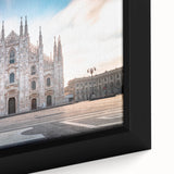 Extra large framed canvas of a textured Milan scenery in black with colorful accents, ideal for living room decor.