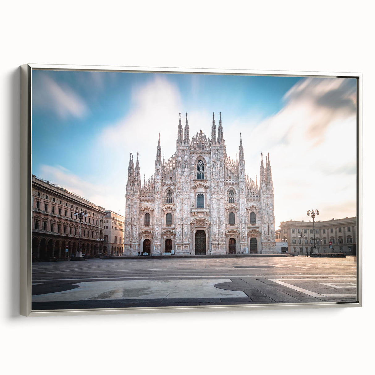 Landscape art painting of Milan on framed canvas, featuring vintage poster style in colorful and black tones.