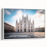 Vintage poster art of Milan scenery in colorful tones on a large framed canvas, suited for living room decor.