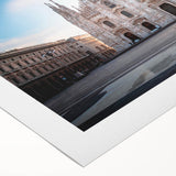Art deco poster of Milan scenery on rolled canvas, featuring muted earth tones, ideal for dining room wall art.