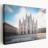 Large stretched canvas depicting a scenic Milan landscape in soft pastel hues, ideal for kitchen wall art.