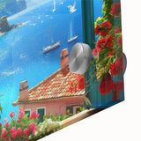 Acrylic print of Portofino, Italy with vibrant coastal colors in a mid-century modernist style, ideal for dining room art.