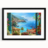 Abstract art print of Portofino, Italy in vibrant colors on a textured canvas, framed in black, ideal for living room decor.