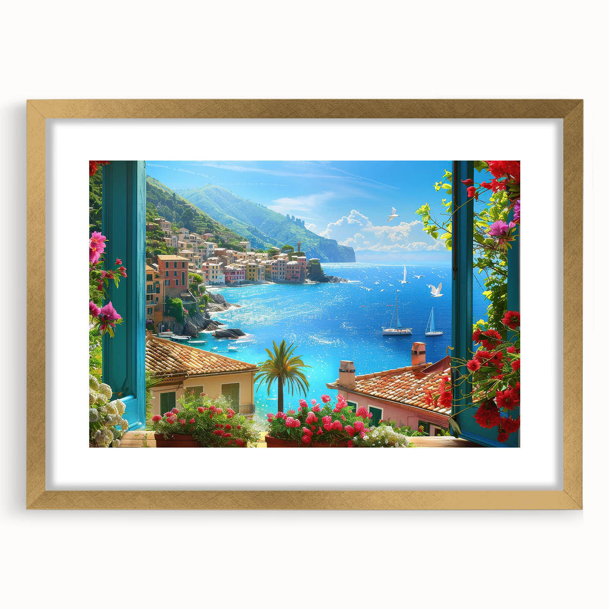 Abstract art print of Portofino, Italy, with vibrant hues of blue and green on a framed gold mat.
