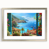 Extra large textured abstract art print of a European scenery, featuring muted blue and green shades, framed in silver.