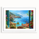 Textured abstract art print of Portofino, Italy in muted earth tones on a framed white mat, suitable for bedroom decor.